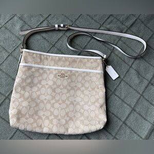 Coach Beige Signature Crossbody with White Trim and Gold Hardware